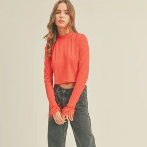 Hot Girl Red Feather Detail Long Sleeve Top